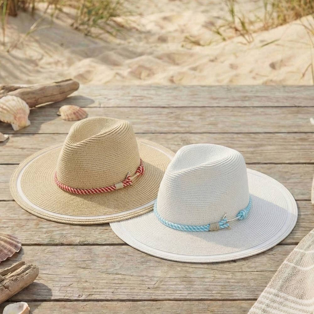 Striped Rope Sun Flat Brim Straw Hat