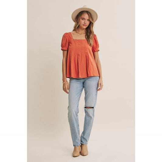 Cotton Puff-Sleeved Cayenne Pleated Blouse