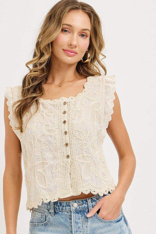 Boho Crochet Embroidery Gauze Floral Cotton Top