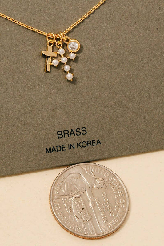 Pearl Cross + Gem Charms Gold Chain Necklace