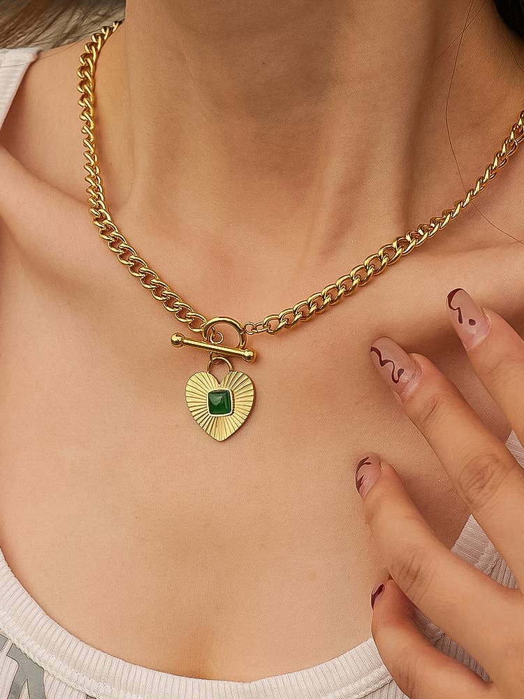 18K Gold Non - Tarnish Green Heart Chain Necklace - Purpose + Passion Boutique