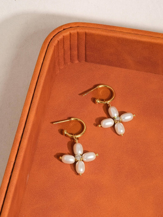 18K Gold Pearl Cross Hoop Earring - Purpose + Passion Boutique