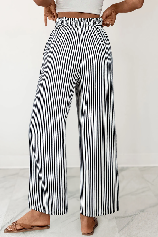 Black Stripe Drawstring Wide-Leg Shift Pants