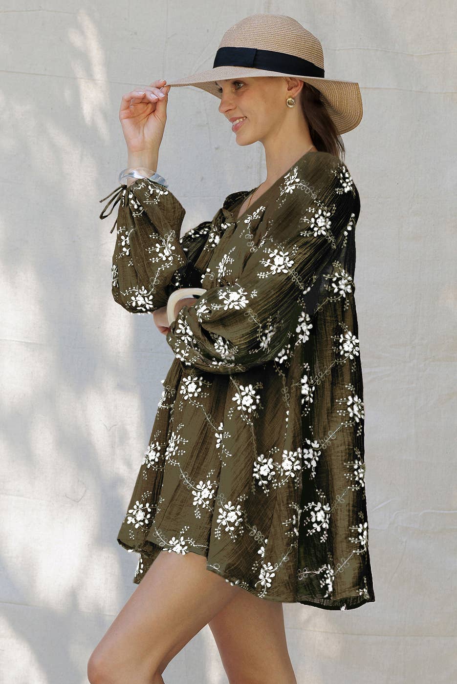 Olive Floral Mini Dress with Balloon Sheer Sleeves