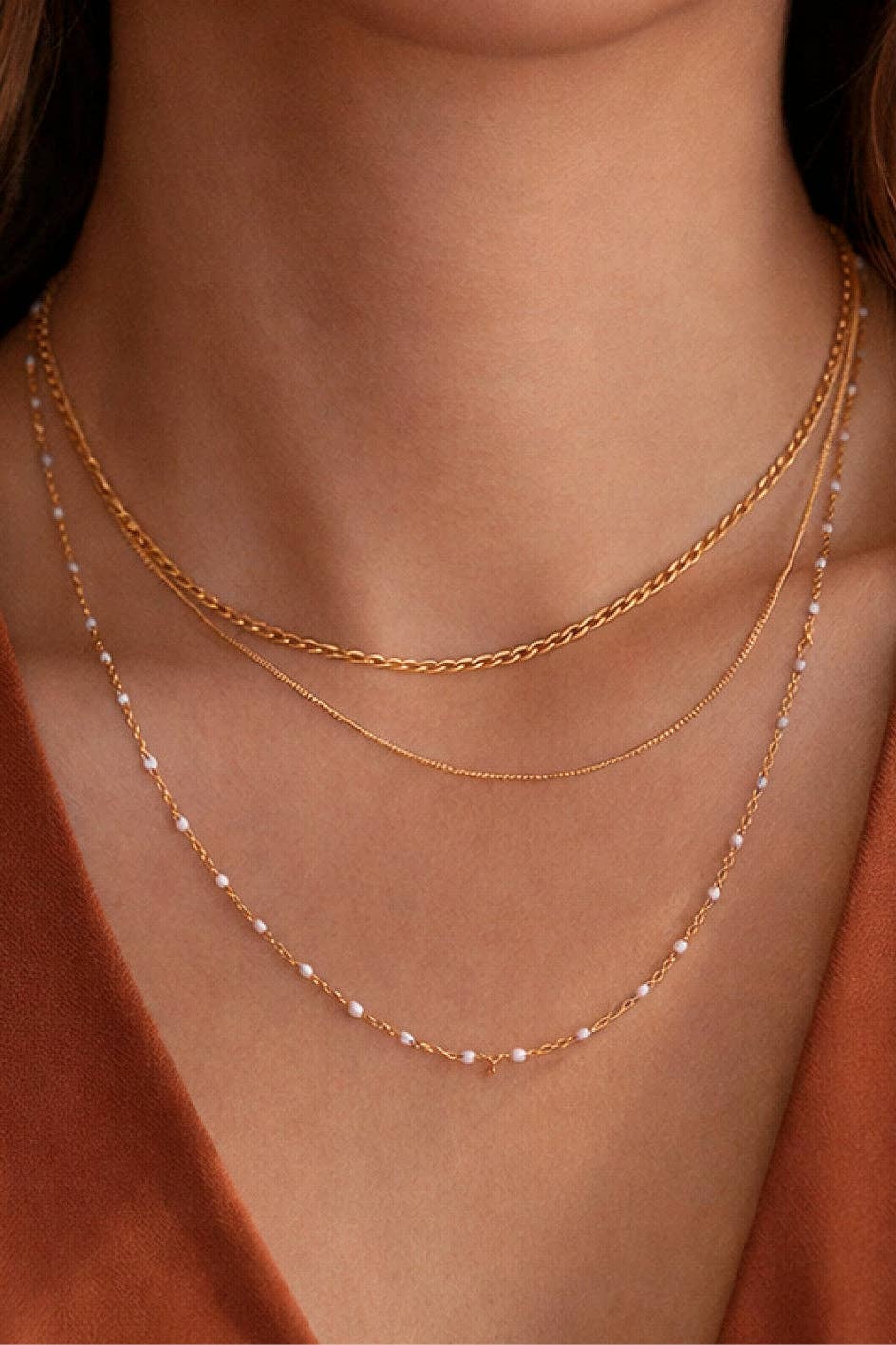 18K Gold Plated Waterproof Stainless Steel Layered Chain Necklace