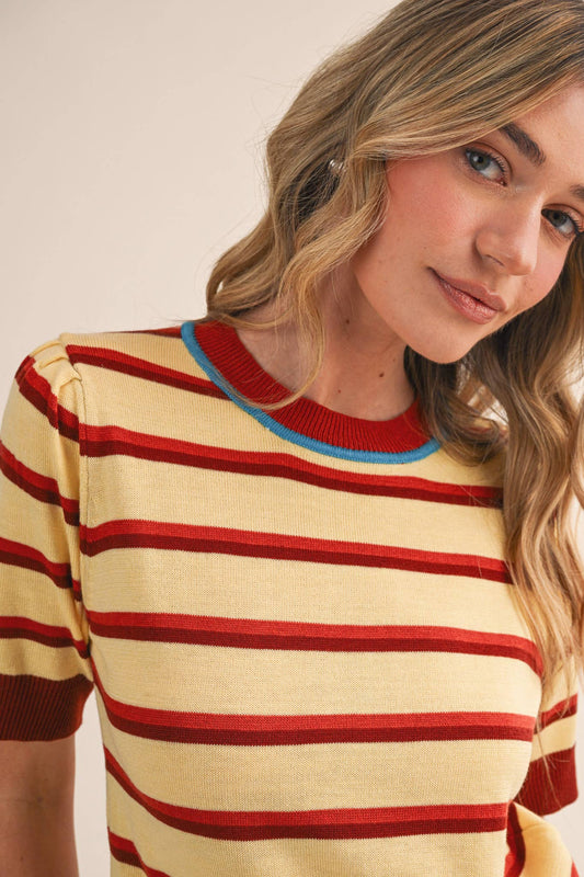 Lemon Sienna Striped Short Sleeve Sweater