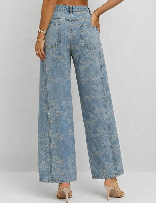 Floral Jacquard Button Pocket Wide Leg Denim Pants