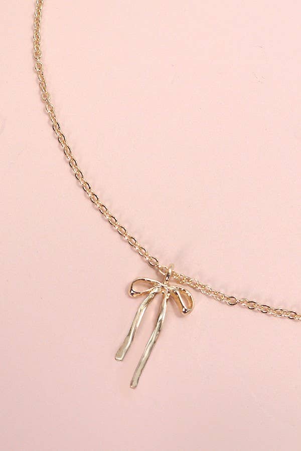 Gold Long Bow Ribbon Necklace