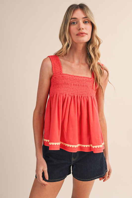 Sleeveless Coral Red Smocked Swing Top