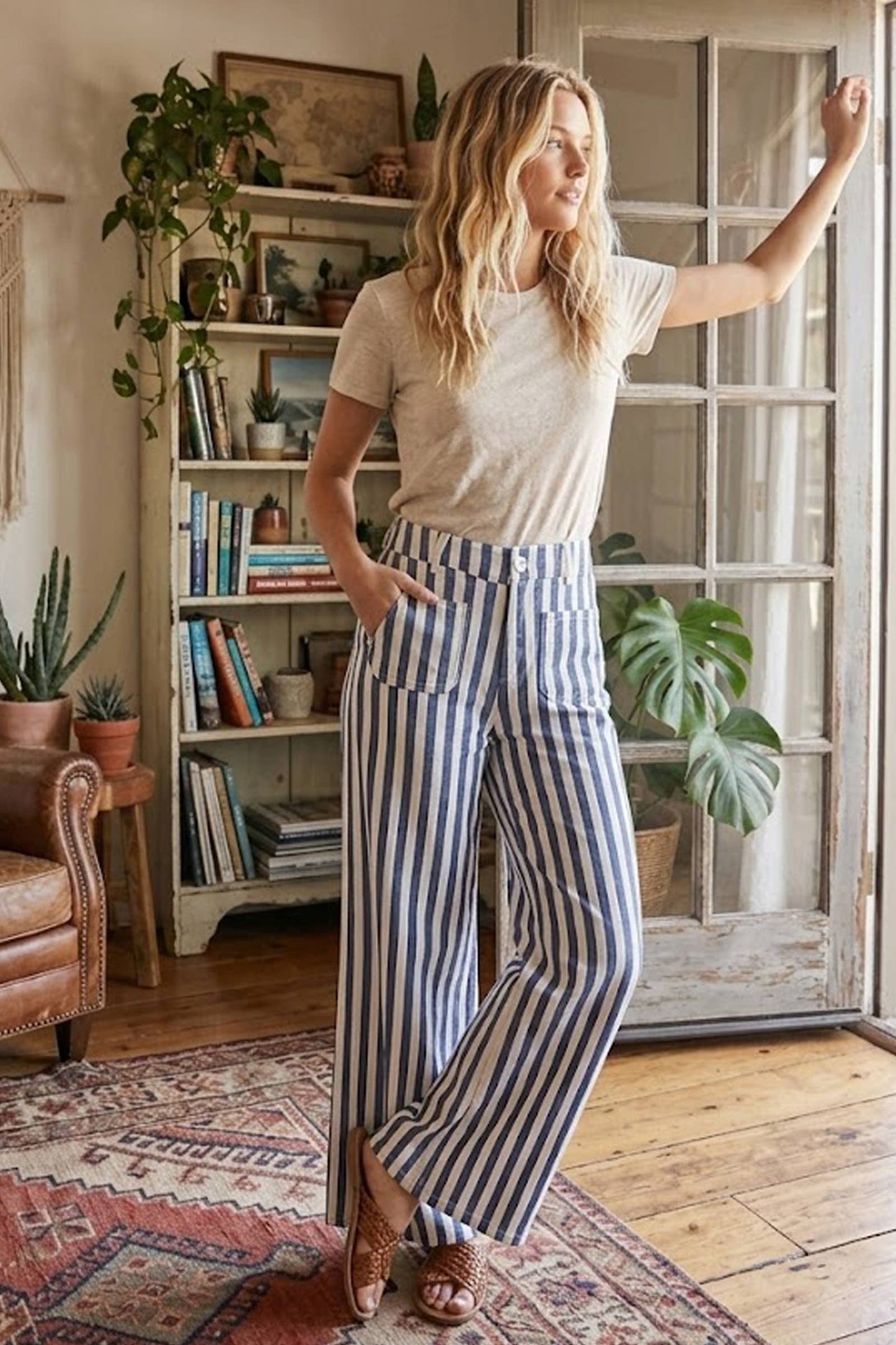 Blue + White Striped Non-Stretch Wide Leg Denim Pants