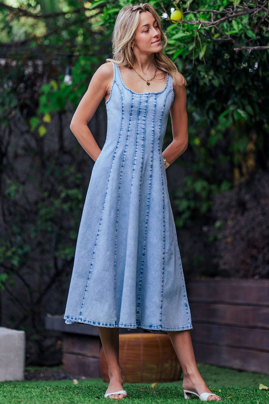 Lt. Denim Paneled Denim Midi Dress Exposed Back Zipper