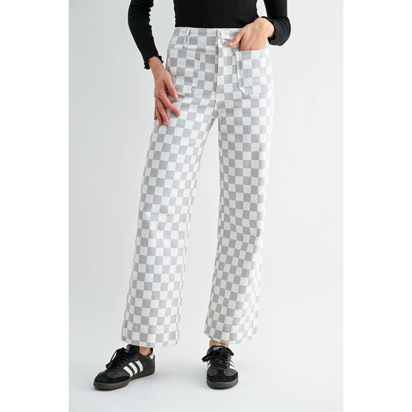 Grey Chess Print High Rise Wide Leg Ankle Pants