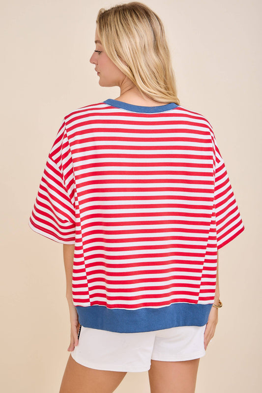 USA Rope Embroidery Striped Top