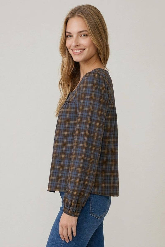Brown Plaid Button Long Sleeve Blouse