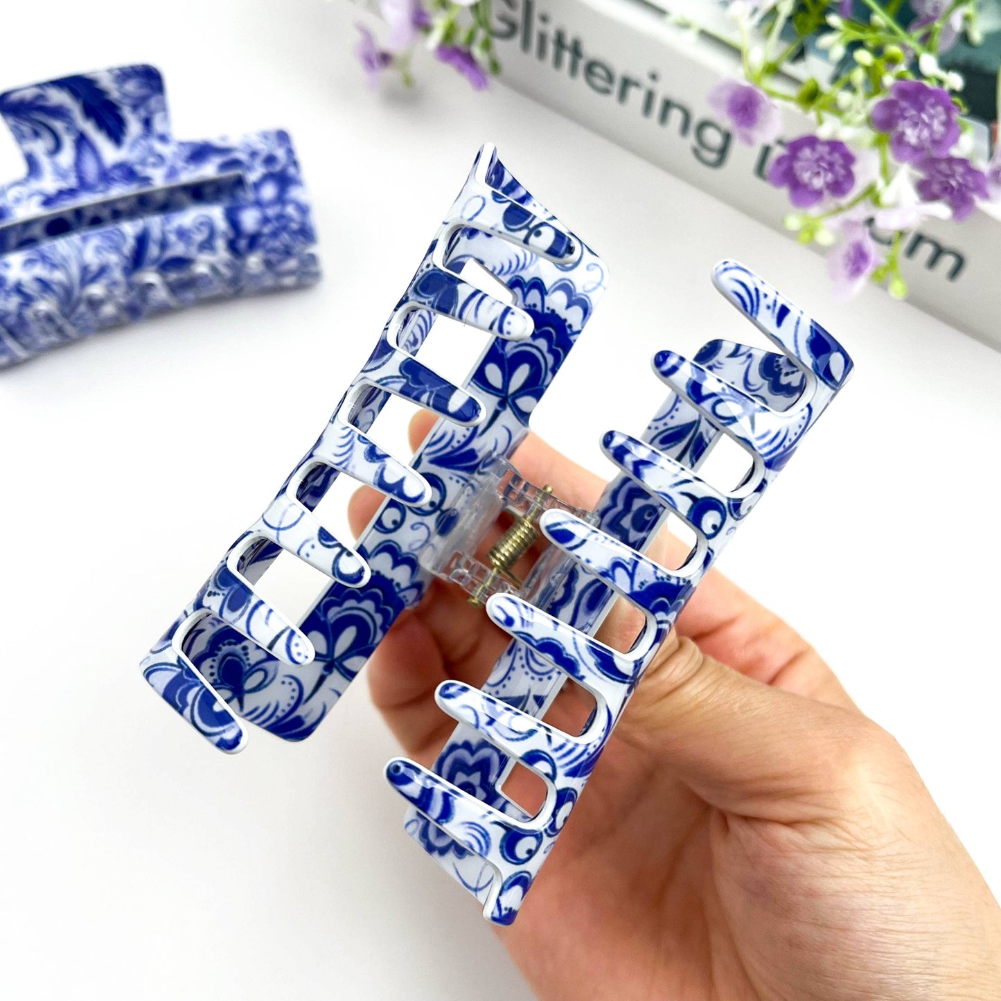 Navy/White Porcelain Hair Claw Clip