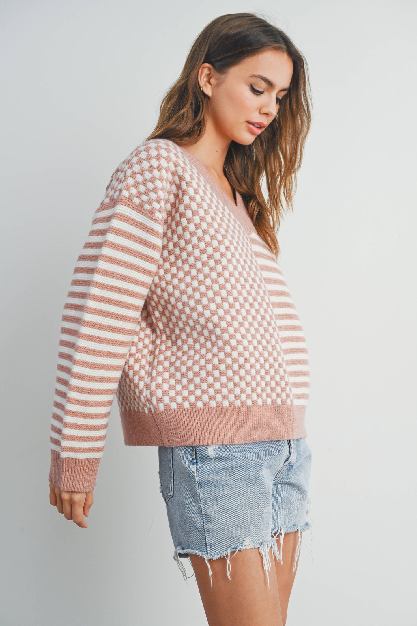 Mauve Checker Pattern Drop Shoulder Sweater