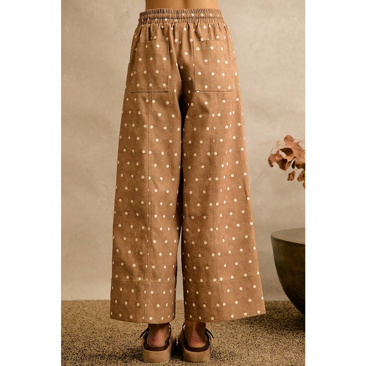 Camel/Ivory Polka Dot Wide Leg Pants