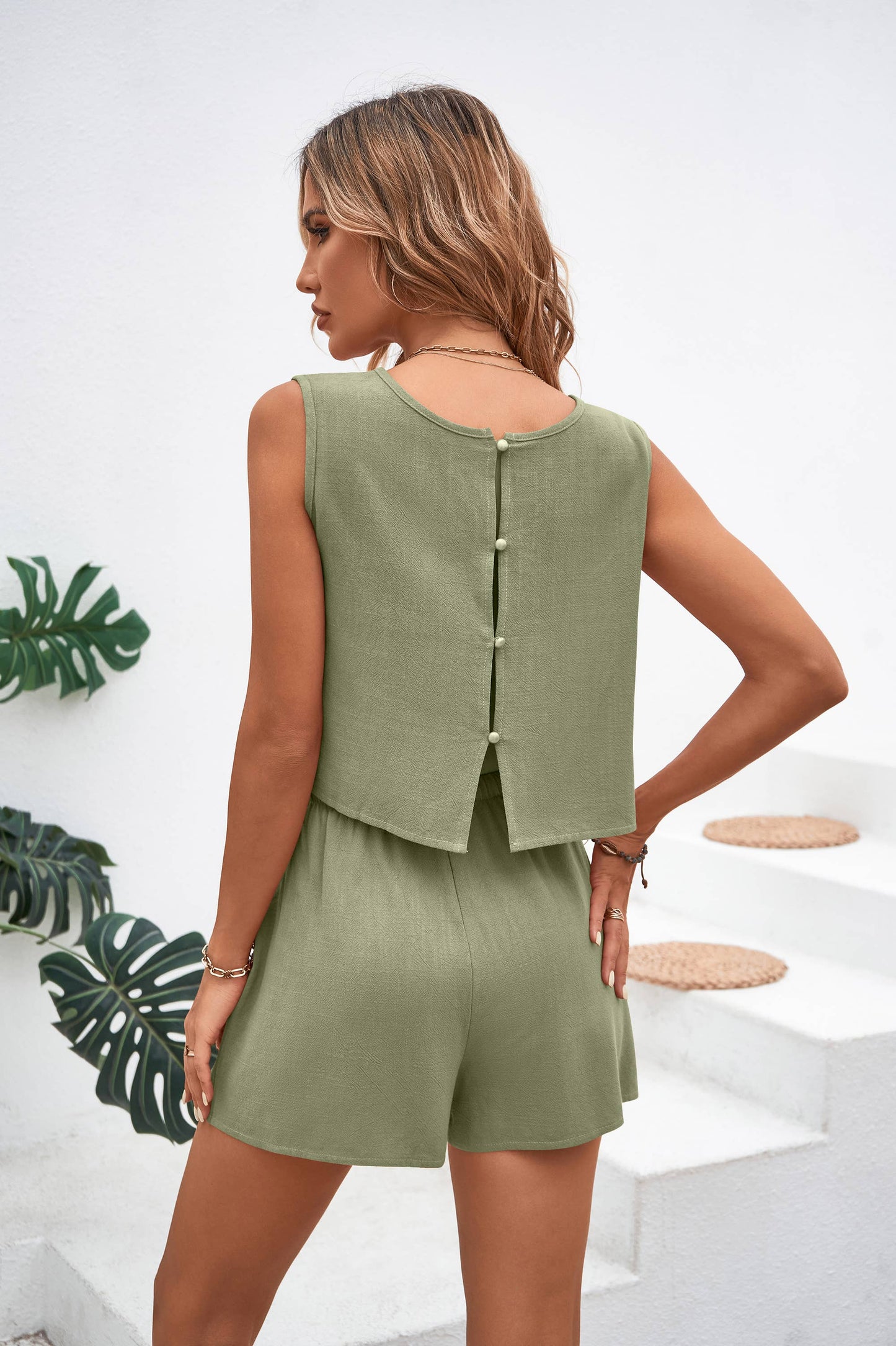 Linen Back Button Detail Crop Top + Shorts Set