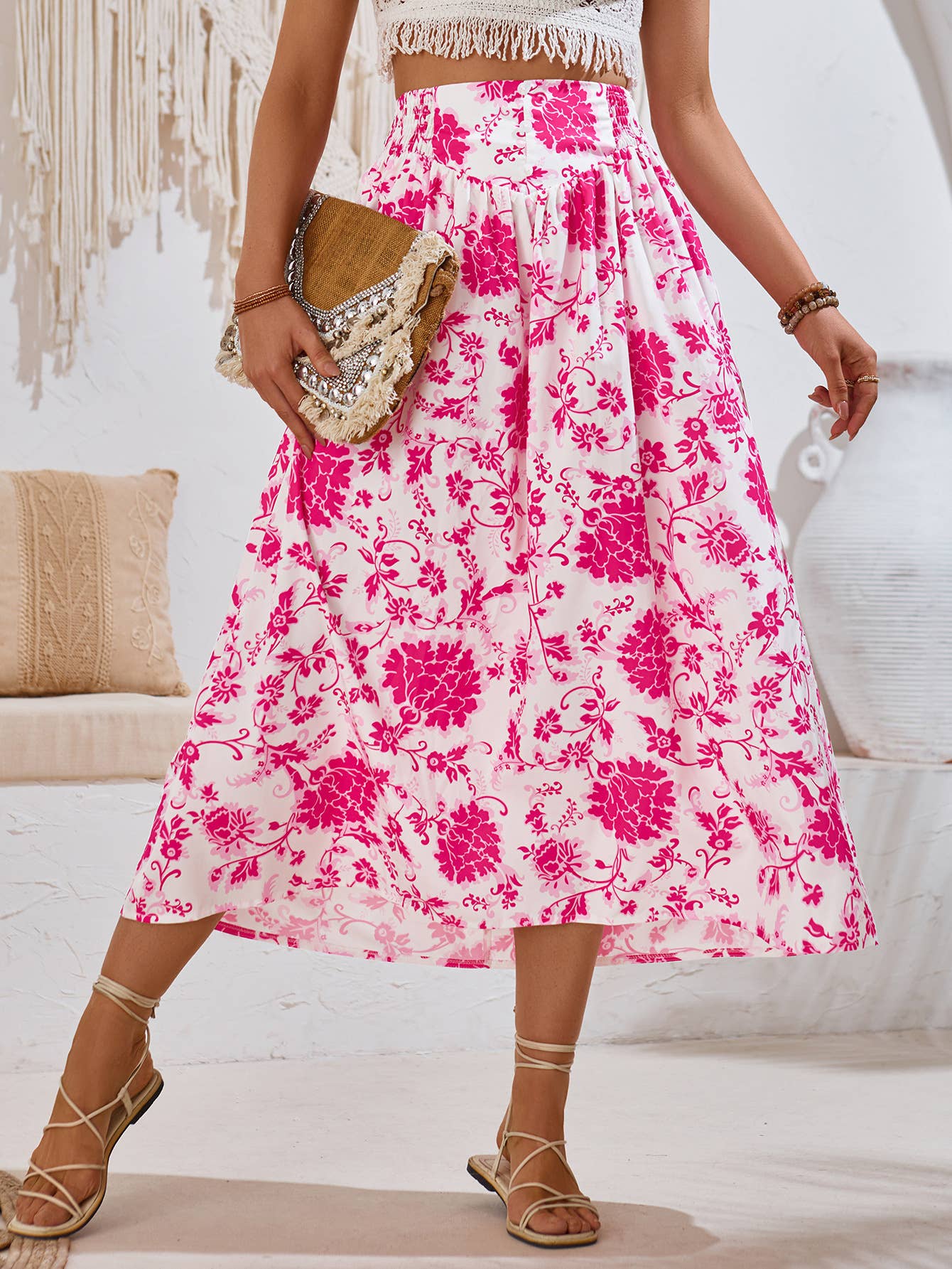 Fuchsia Tropical Floral Midi Skirt