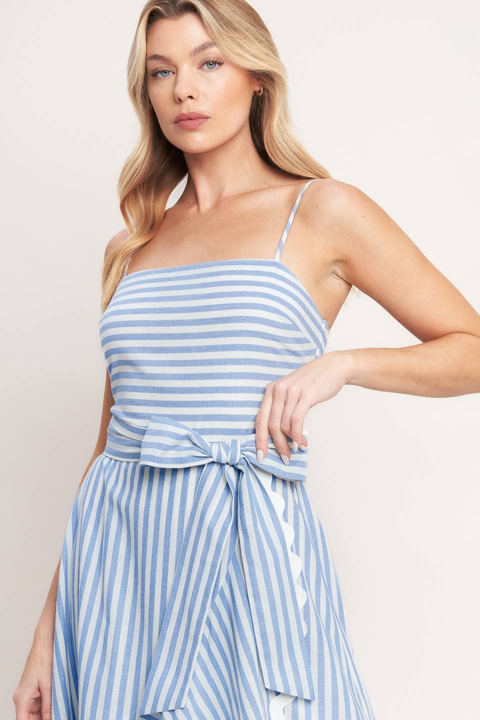White & Blue Striped Ruffle Hem Midi Dress