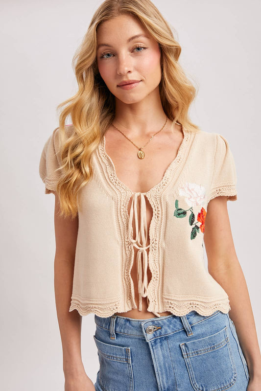 Embroidered Knit Cap Sleeve Open Front Tie Top