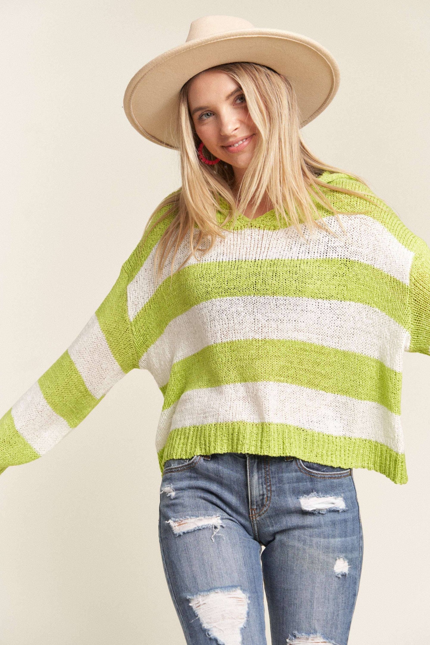 Lime + White Stripe Hoodie Sweater