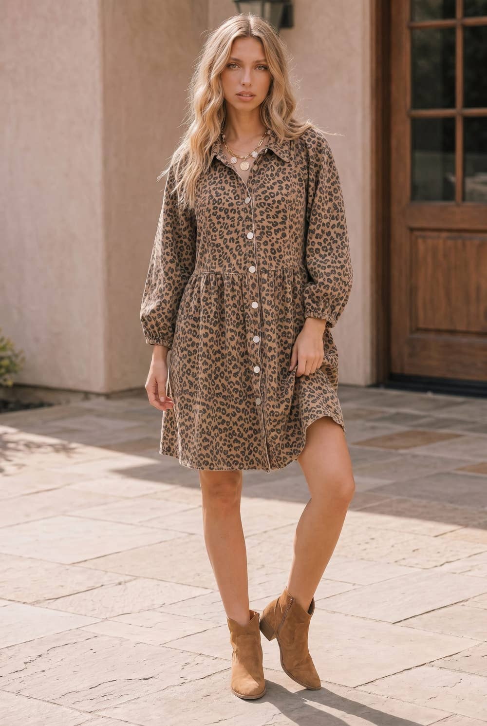 Taupe Leopard Button Front Mini Dress