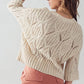 3/4 Sleeve Cream Crochet Crew Neck Cable Rib Knit Sweater