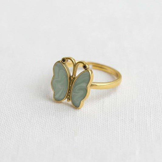 Vintage Gold Tone Butterfly Enamel Adjustable Ring