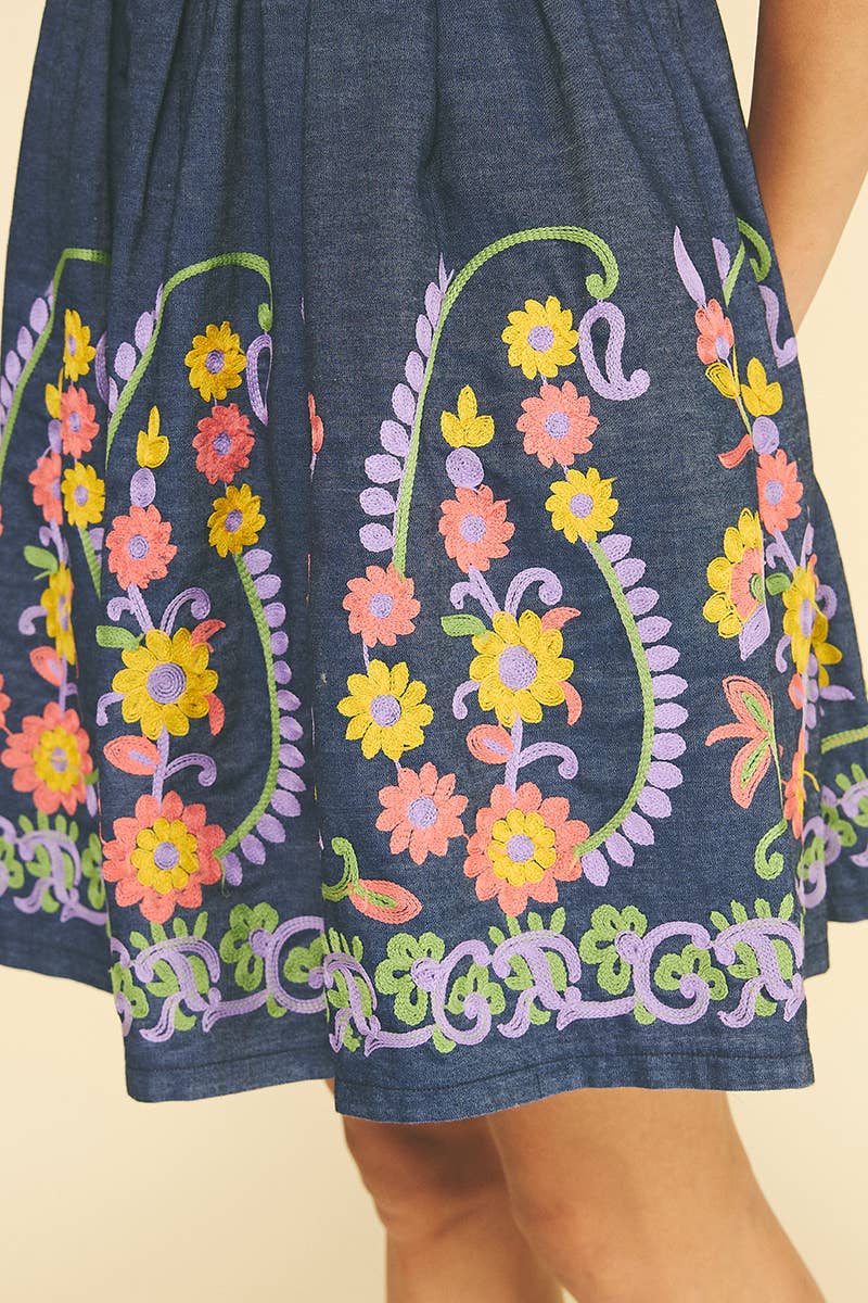Indigo Flared Denim Mini Dress with Floral Embrodiery