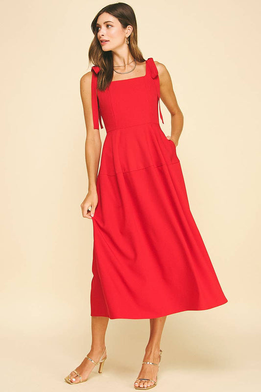 Red Ribbon Midi Sleeve Dress