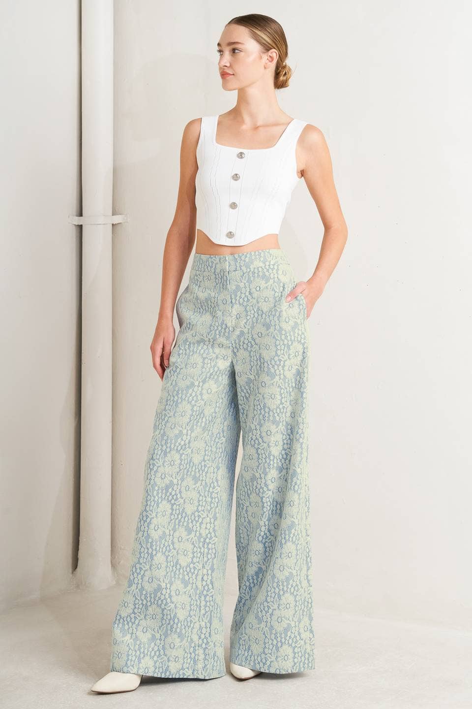 Cream & Ligh Blue Bonded Lace Pant