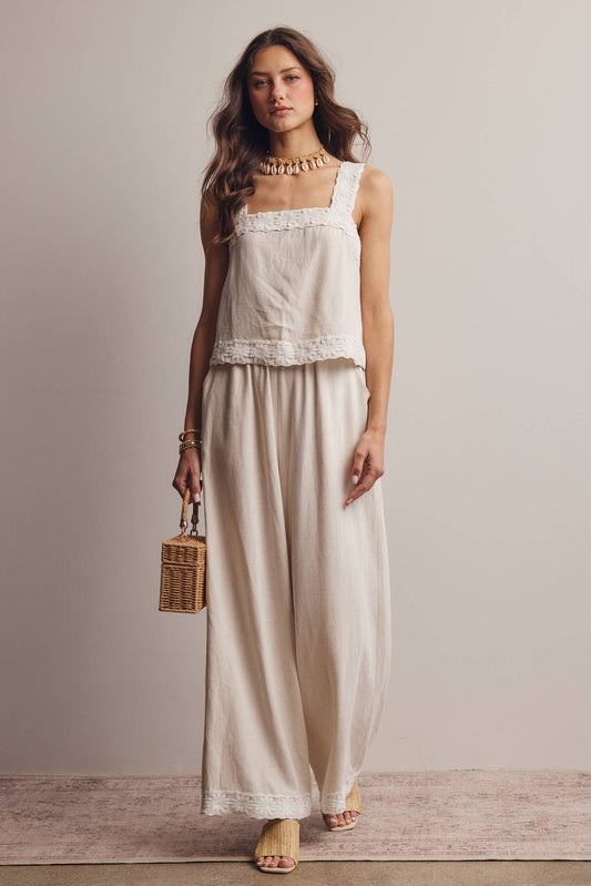 Embroidered Square-Neck Tank & Wide-Leg Pant Set (Oatmeal)