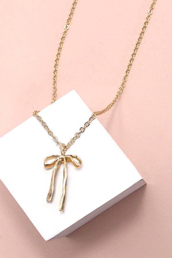 Gold Long Bow Ribbon Necklace