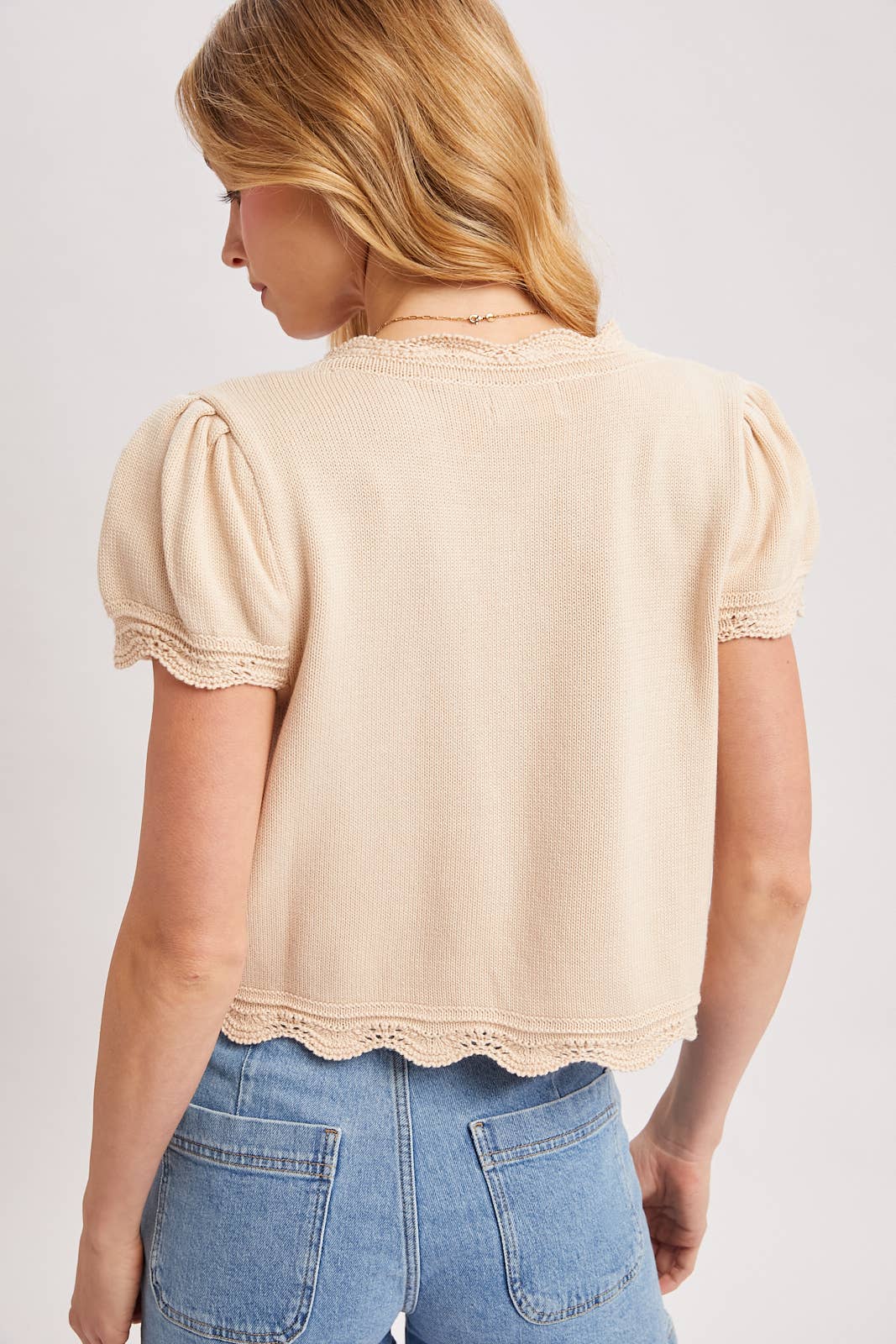Embroidered Knit Cap Sleeve Open Front Tie Top