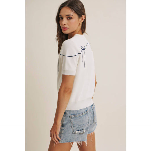 Bow Embroidered Off White Button Down Cardigan