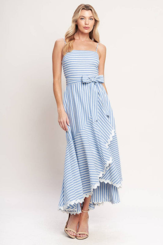 White & Blue Striped Ruffle Hem Midi Dress