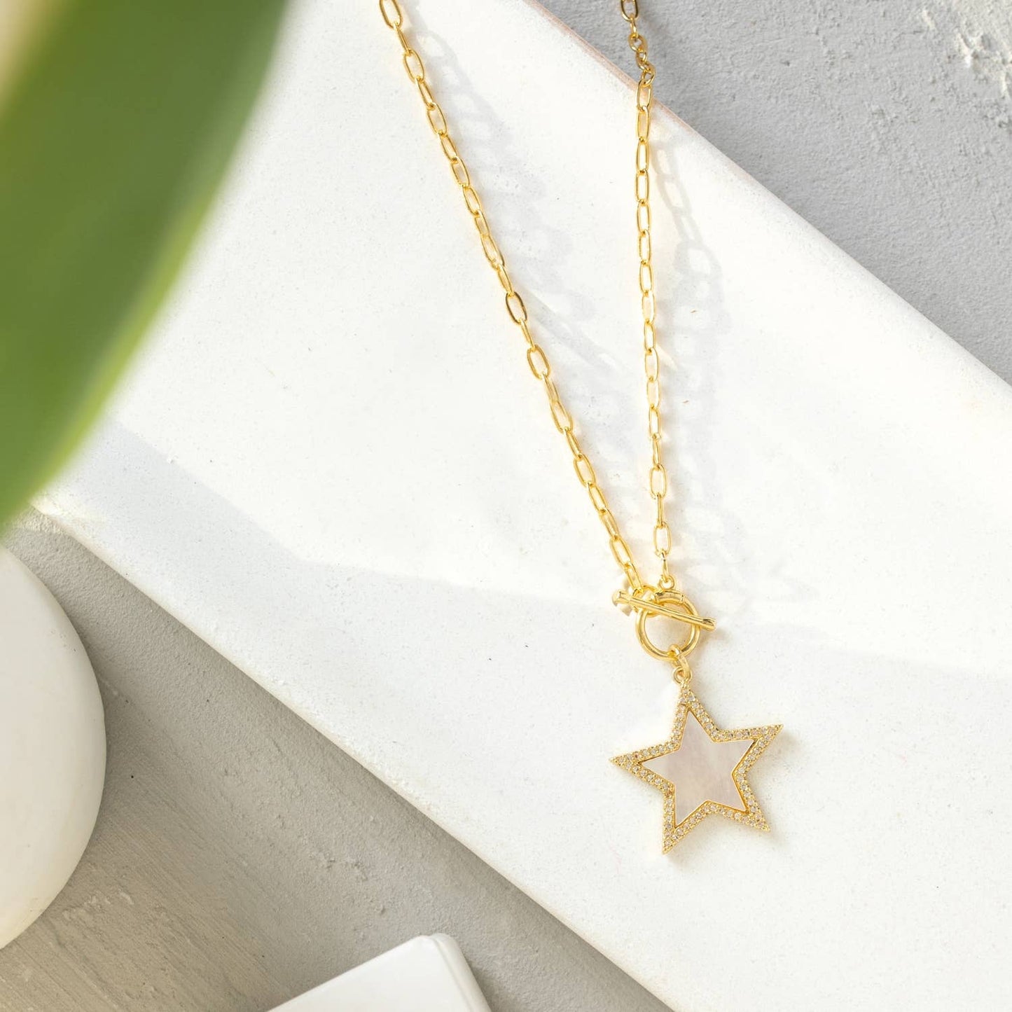 MOP Pave Star Toggle Pendant Necklace