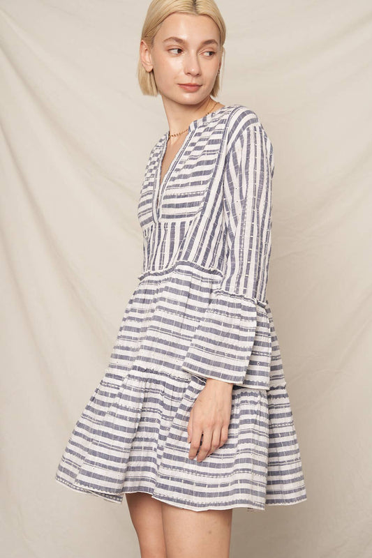 Navy Ivory 3/4 Sleeve V-Neck Striped Tiered Mini Dress