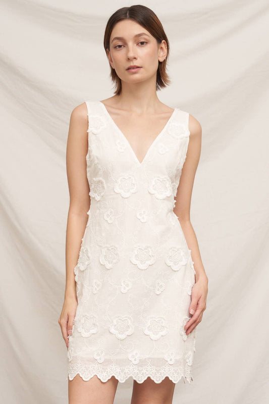 White Sleeveless V-Neck Floral Mini Dress