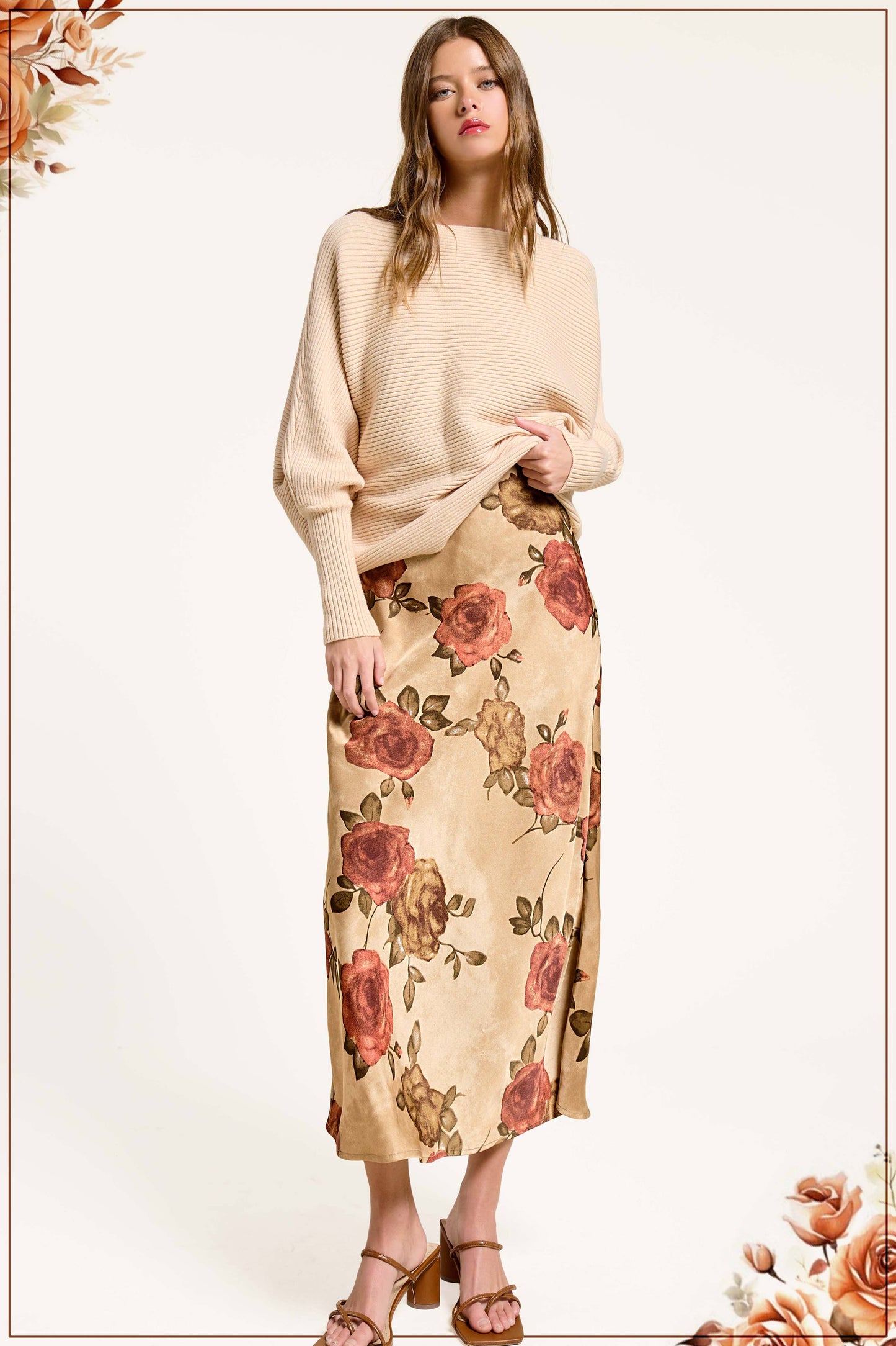 Fall Floral Satin Midi Slip V-Neckline Dress