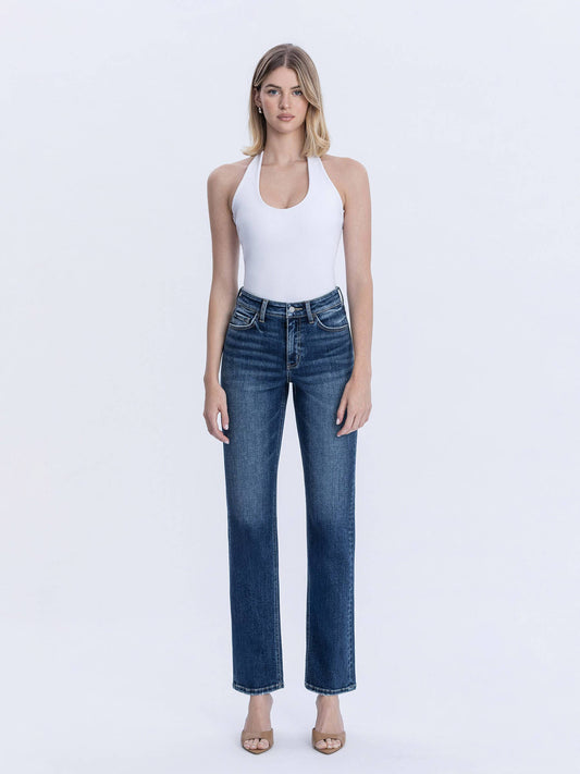 High Rise Full Length Dark Wash Straight Jeans