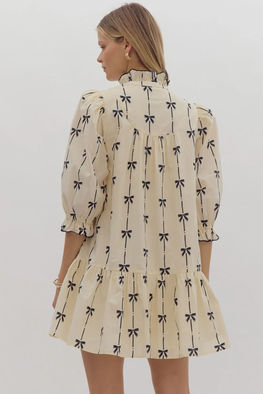 Beige Bowknot Bubble Sleeve V-Neck Mini Dress