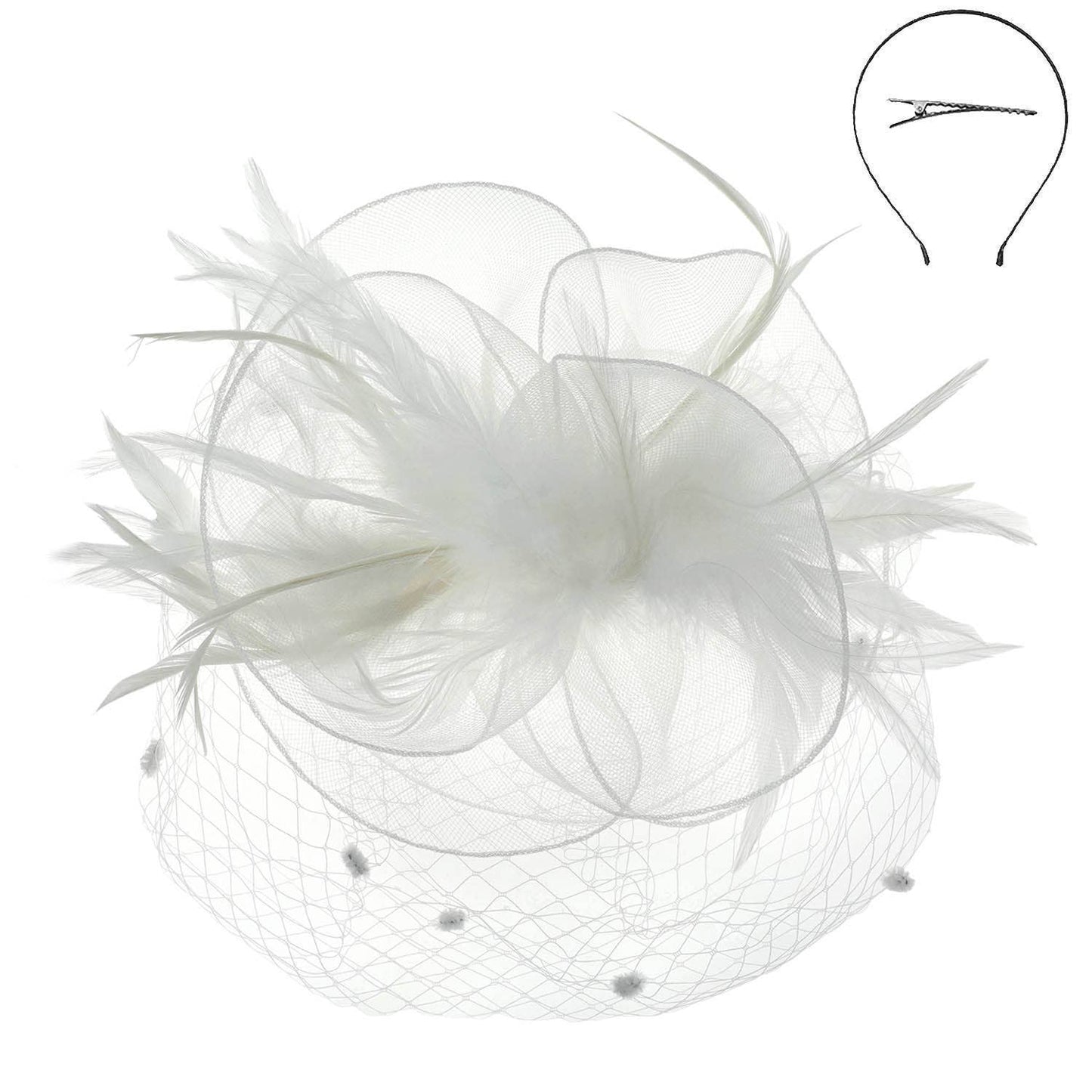 Floral Mesh & Dotted Veil w/ Feathers Fascinator Headband/Clip