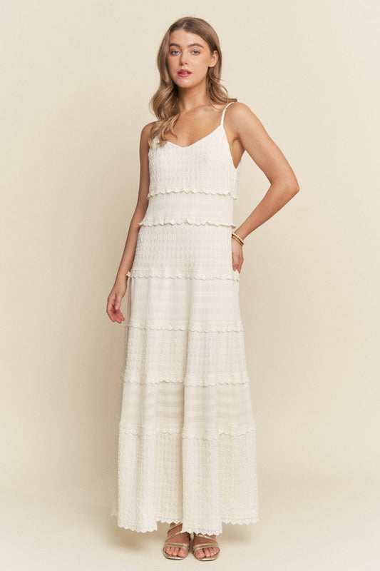Tiered Lace Trim Cream Slip On Maxi Dress