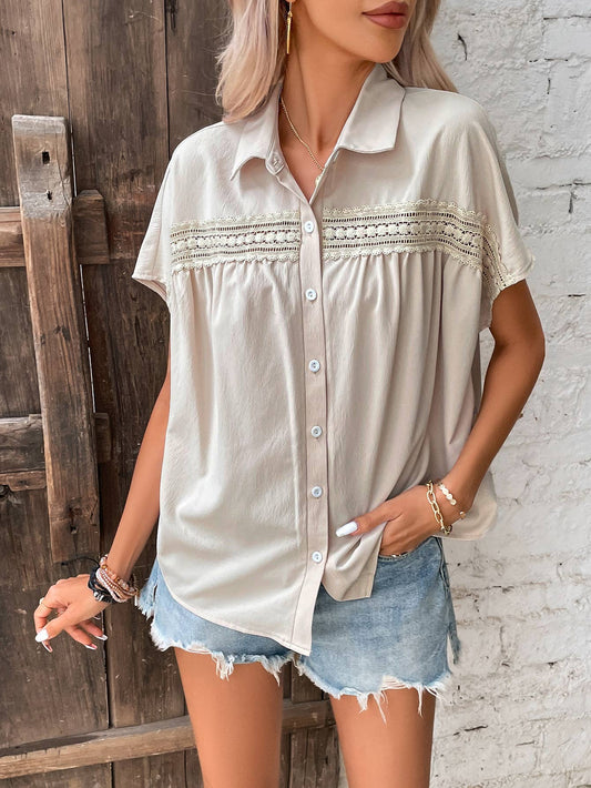 Apricot Button - Up Lace Cut - out Shirt - Purpose + Passion Boutique