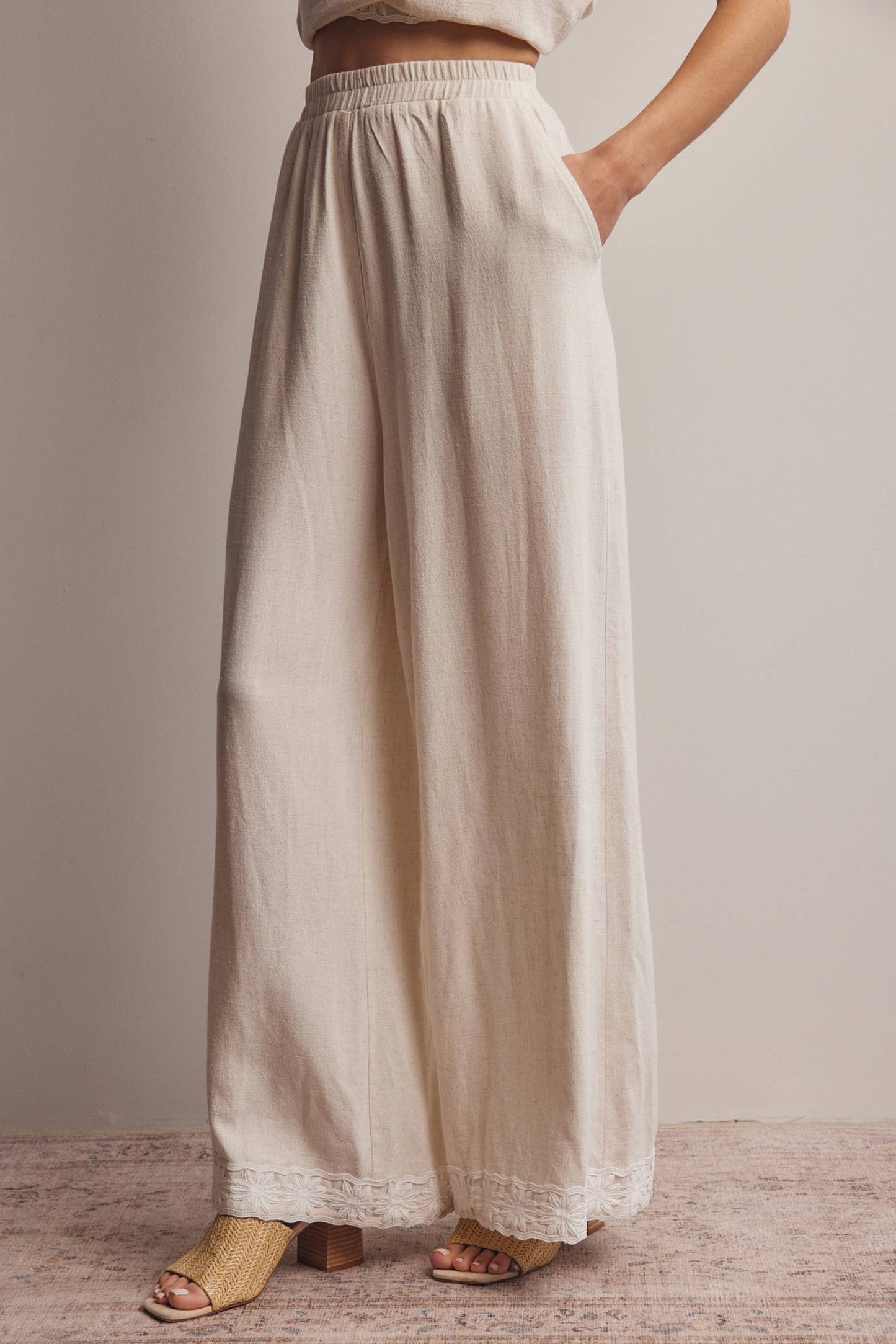 Embroidered Square-Neck Tank & Wide-Leg Pant Set (Oatmeal)