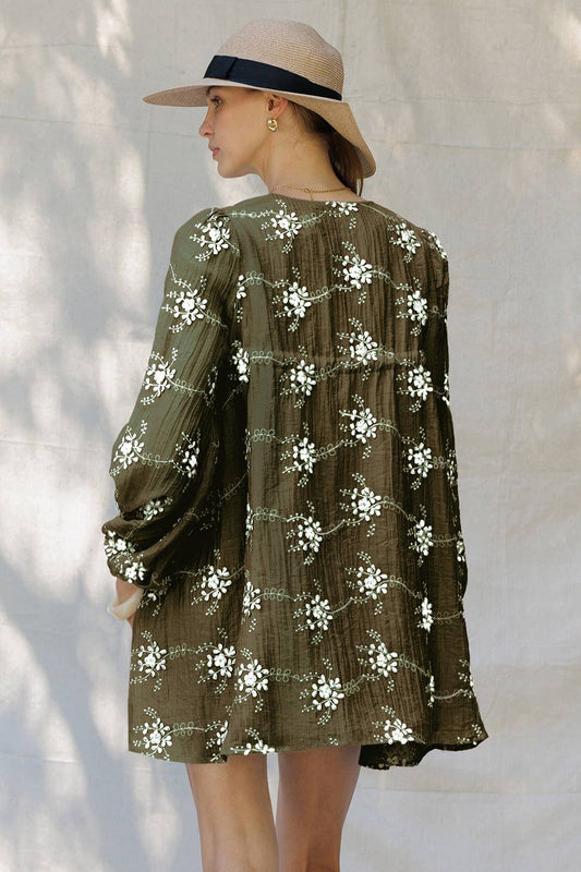 Olive Floral Mini Dress with Balloon Sheer Sleeves