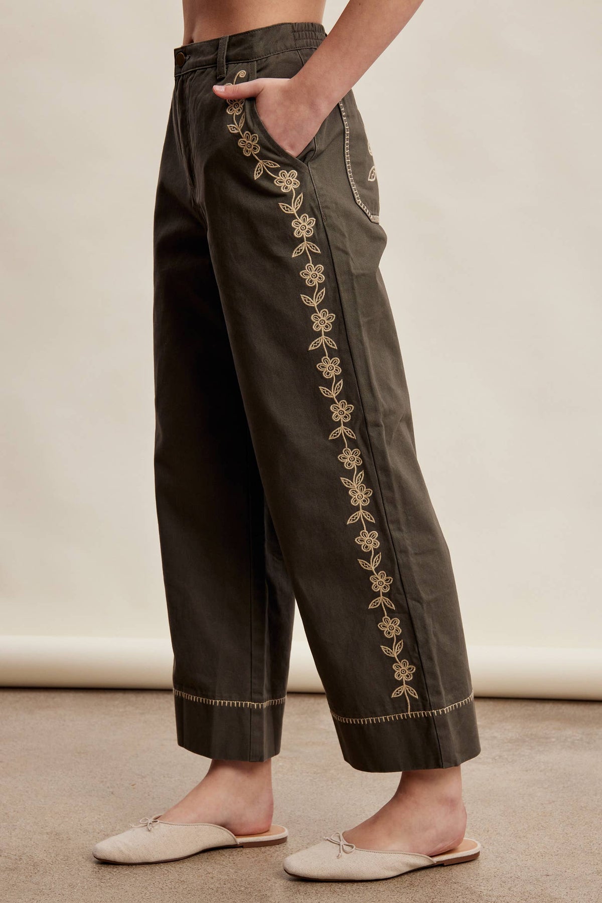 Olive Embroidered Cropped Wide-Leg Pants