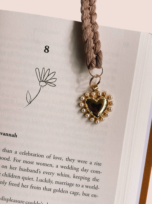 Pearl Heart Charm Rust Braided Bookmark